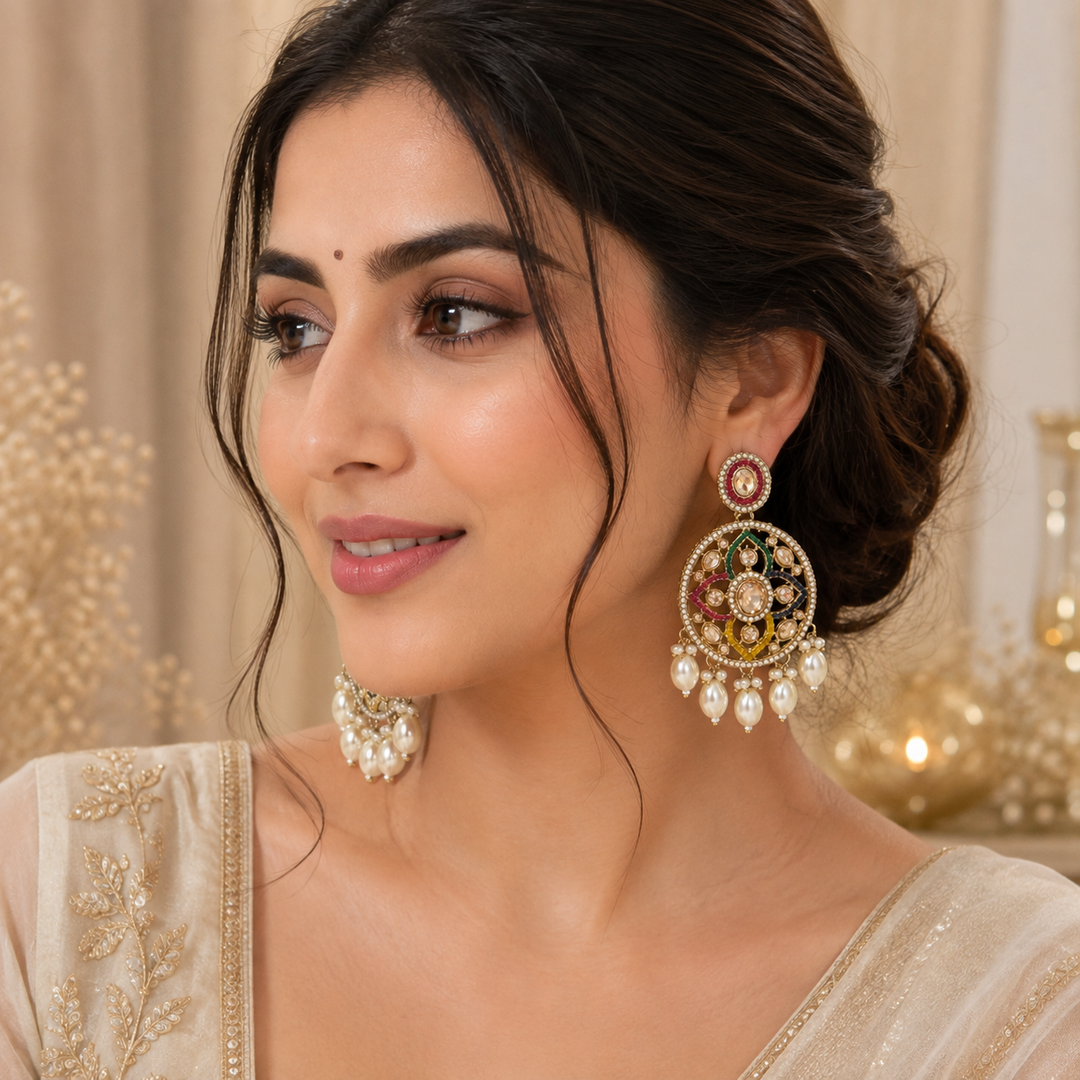 Kundan Meenakari Maang Tikka & Earrings Set with Pearl Drops
