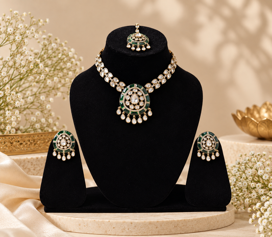 Green Polki Kundan Necklace Set