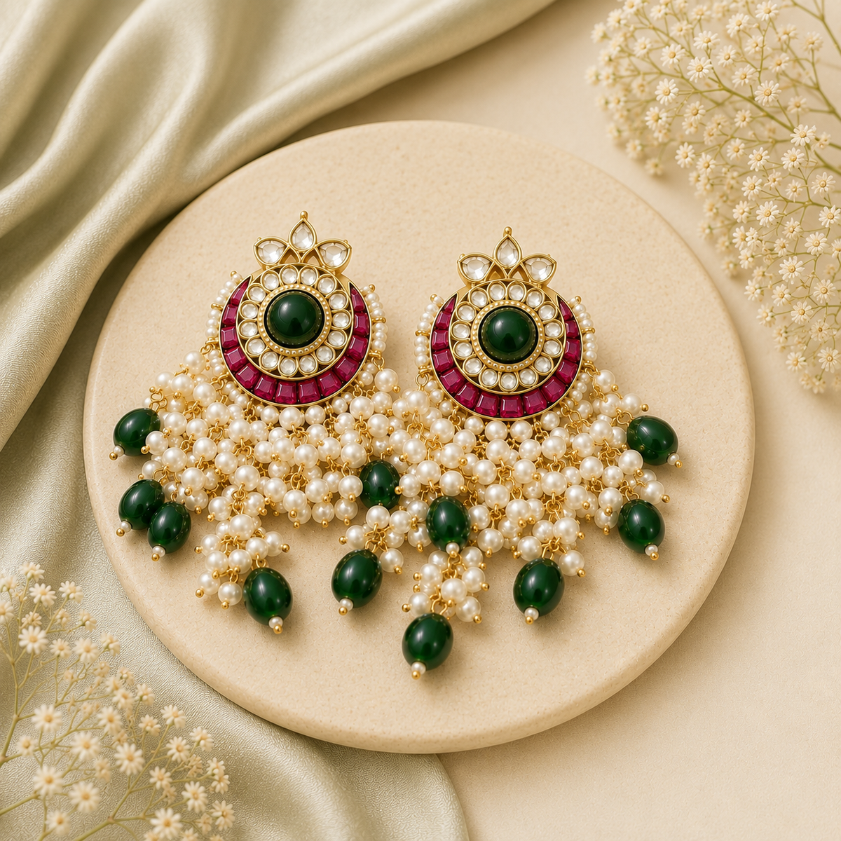 Gulnaar Emerald Pearl Chandbali Earrings