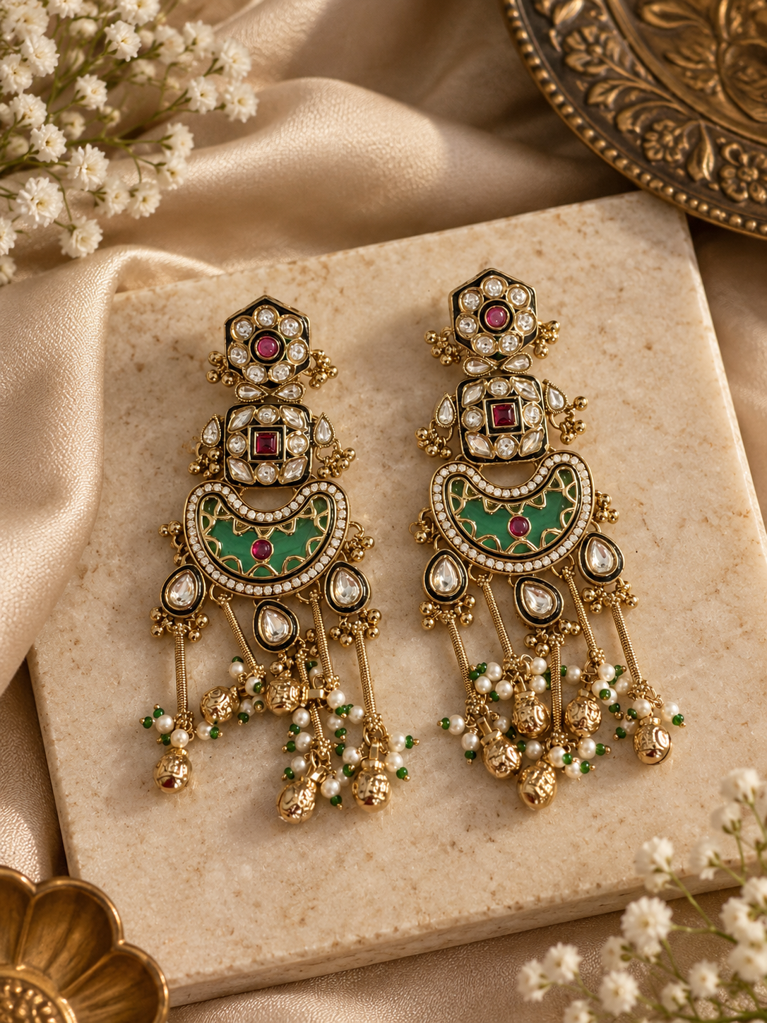 Mint Kundan Pearl Statement Dangler Earrings