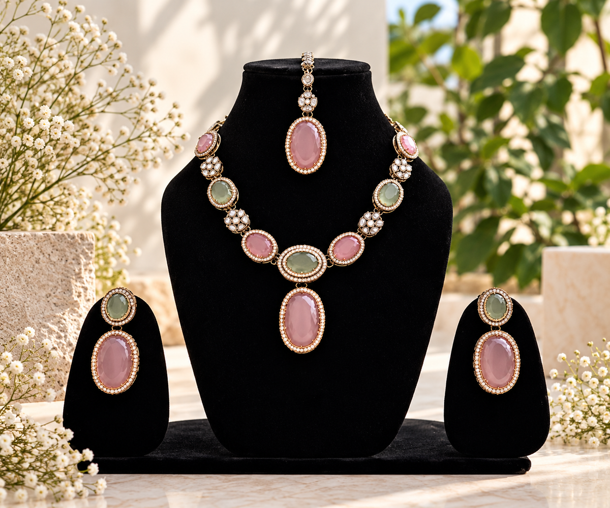 Mint and blush necklace with mangtika and earrings