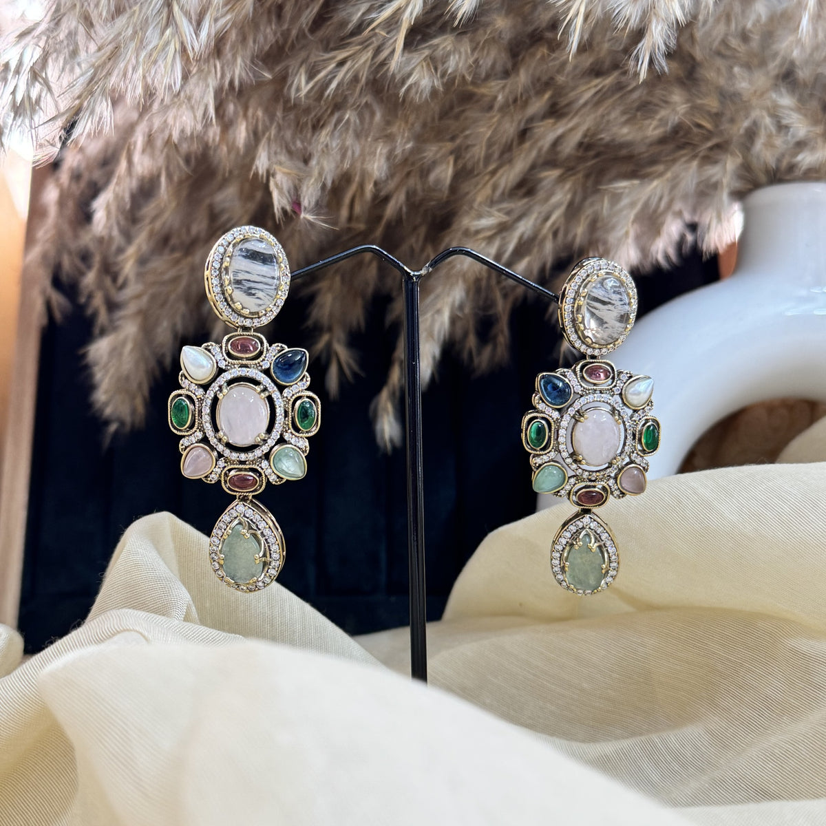 Regal Kundan-Style Multicolor Stone Earrings