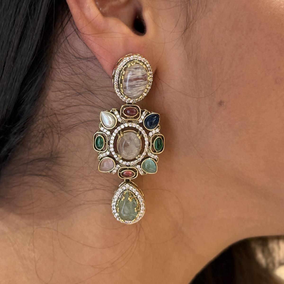 Regal Kundan-Style Multicolor Stone Earrings