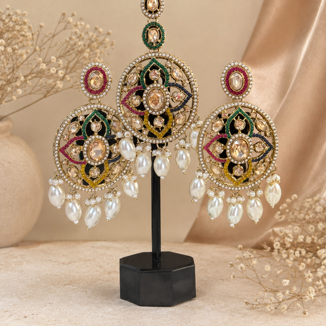 Kundan Meenakari Maang Tikka & Earrings Set with Pearl Drops